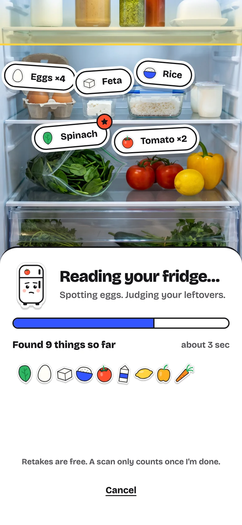 Frigomi reading a fridge photo and spotting the ingredients.