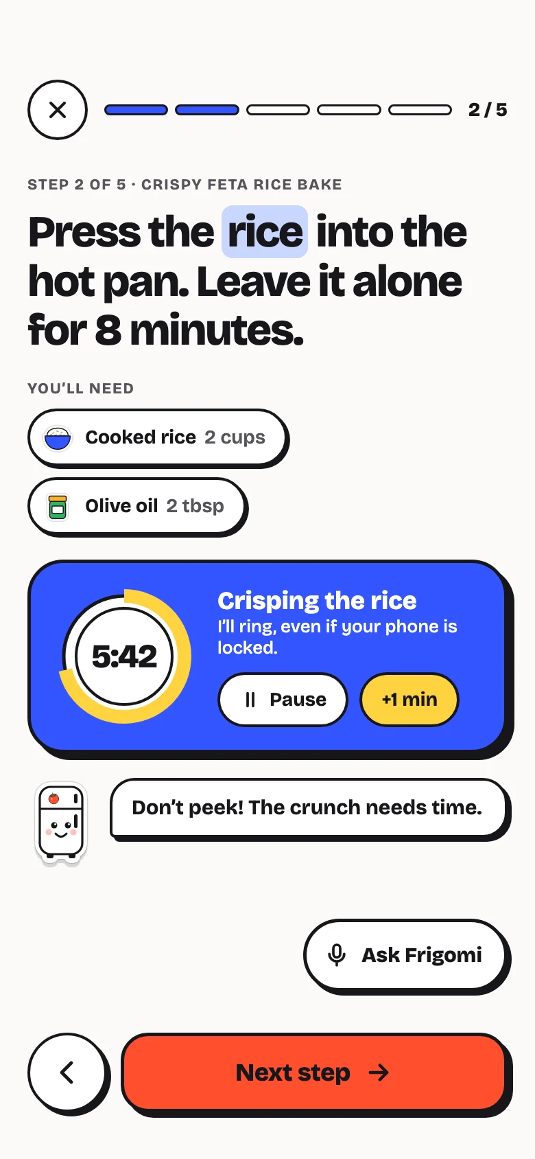 Frigomi cook mode: a big step with a 5:42 timer running.