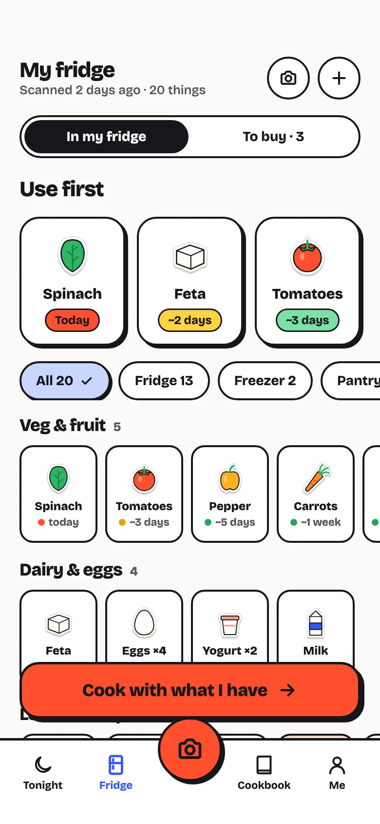 Frigomi’s fridge tab: spinach to use today, feta in about 2 days, tomatoes in about 3 days.