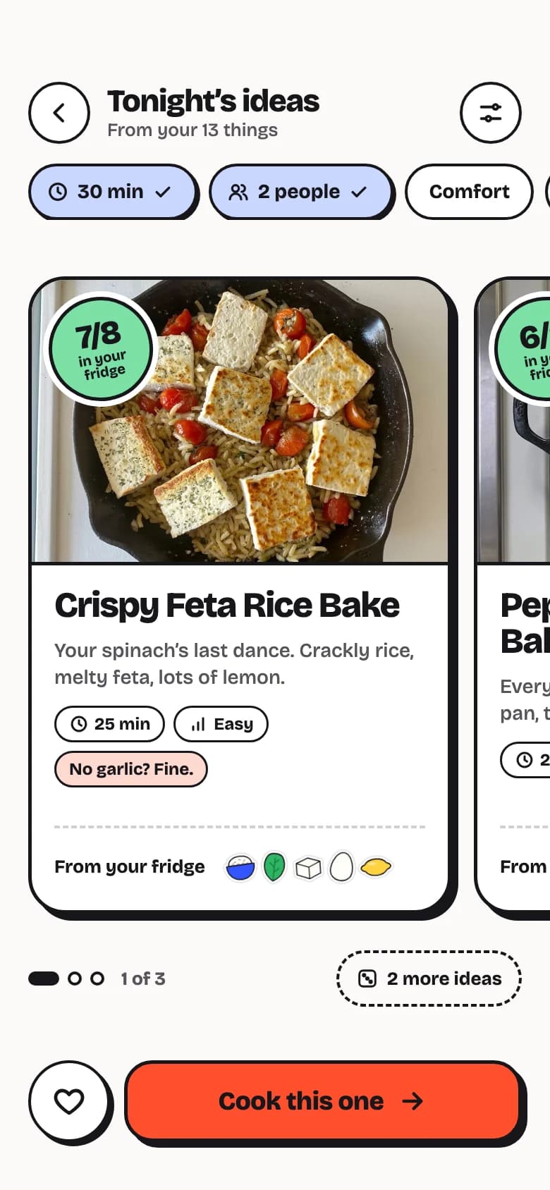 Tonight’s ideas in Frigomi: a Crispy Feta Rice Bake made with 7 of 8 ingredients from the fridge.
