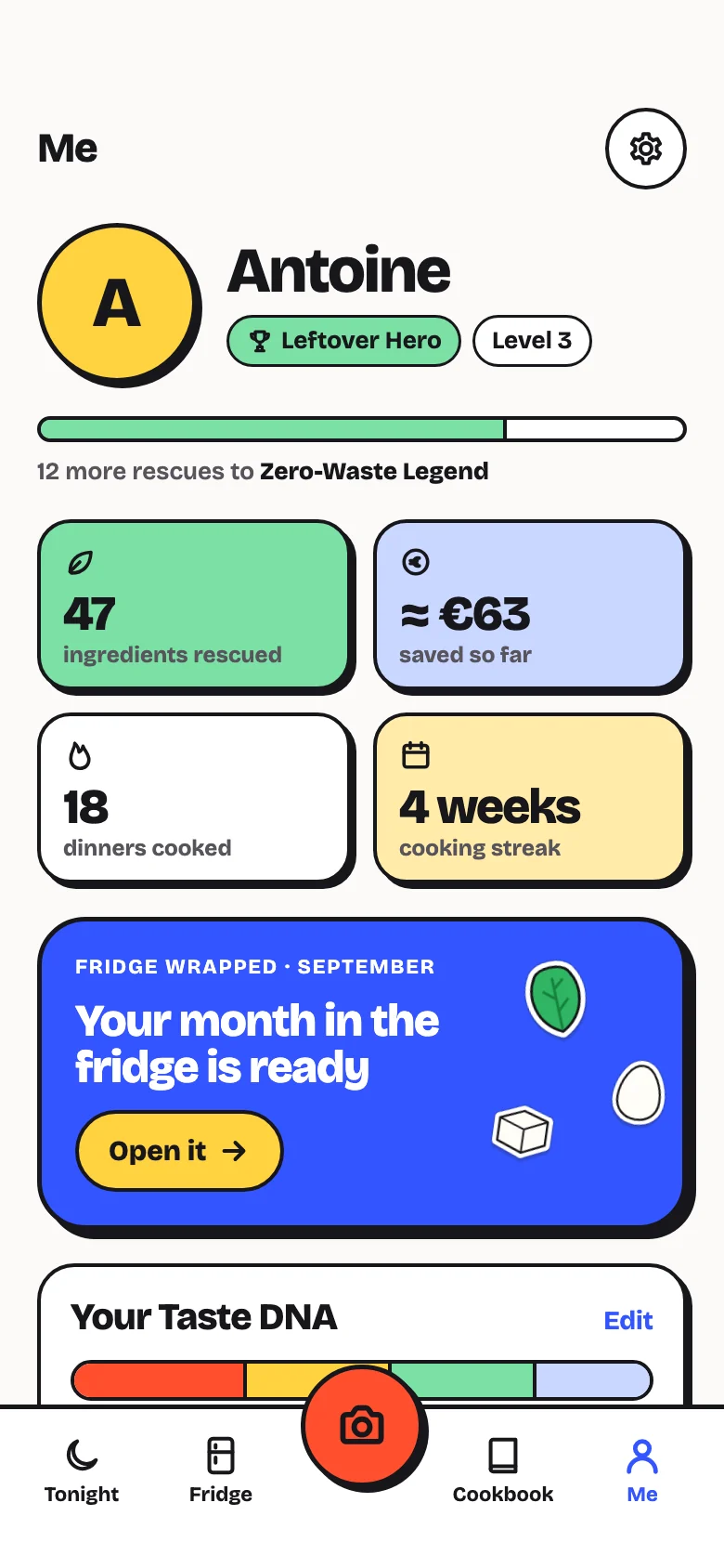 Frigomi stats: 47 ingredients rescued, about €63 saved, 18 dinners cooked.