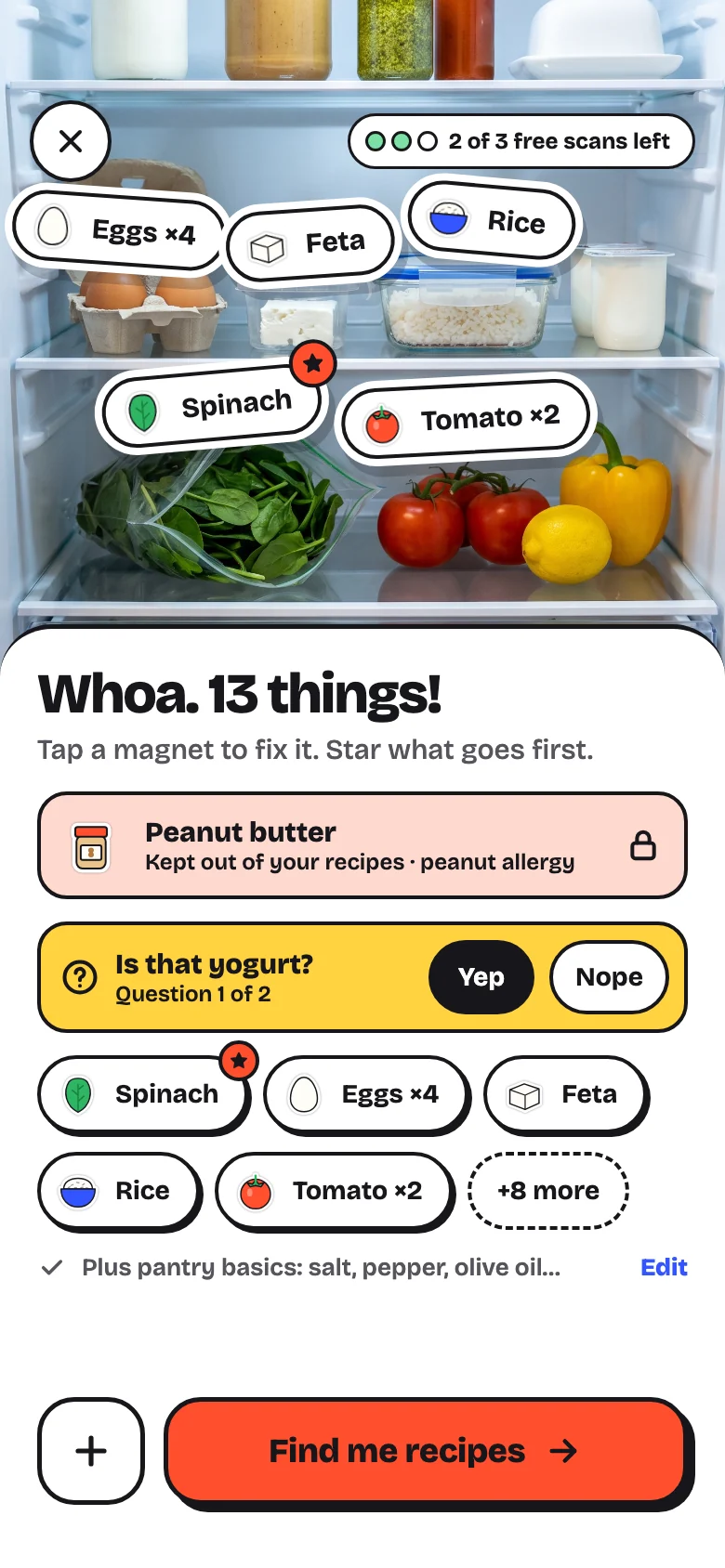 Frigomi showing the ingredients it found in a fridge photo: eggs, feta, spinach, rice and tomatoes as magnets.