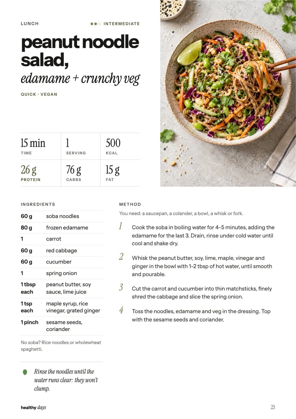 A recipe page open on a phone: peanut noodle salad with edamame and crunchy veg