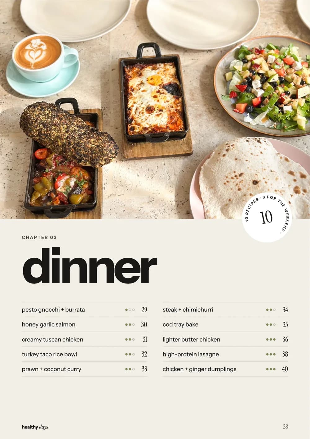 The dinner chapter opener: a sunlit table and the ten dinner recipes with their levels and pages