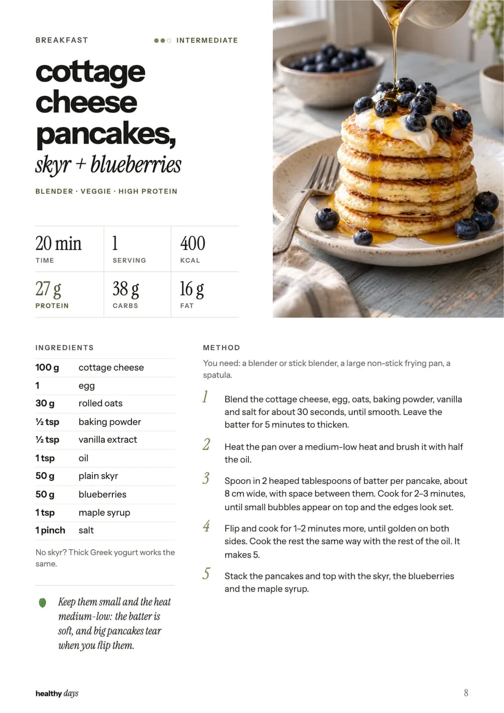 A recipe page: cottage cheese pancakes with the photo, the macros, the ingredients and the method